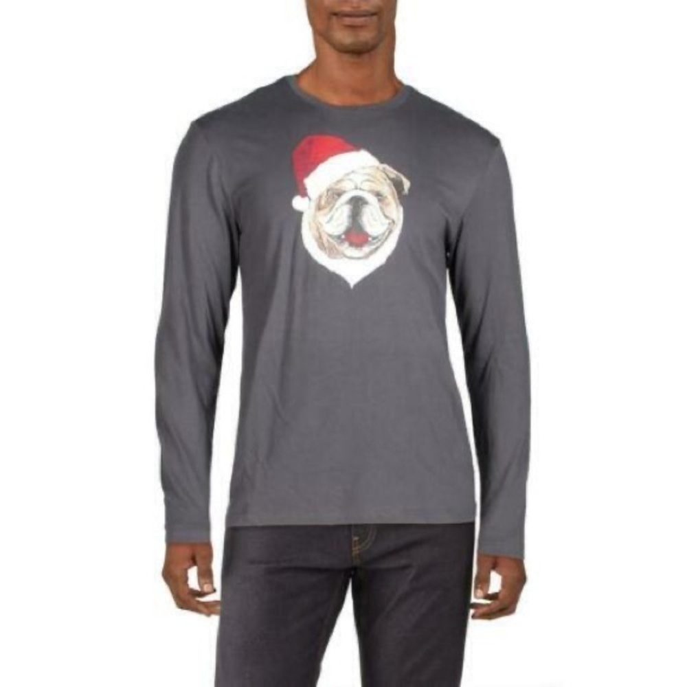Club Room Mens Long Sleeve Bulldog Santa Hat Christmas Graphic T Shirt XL